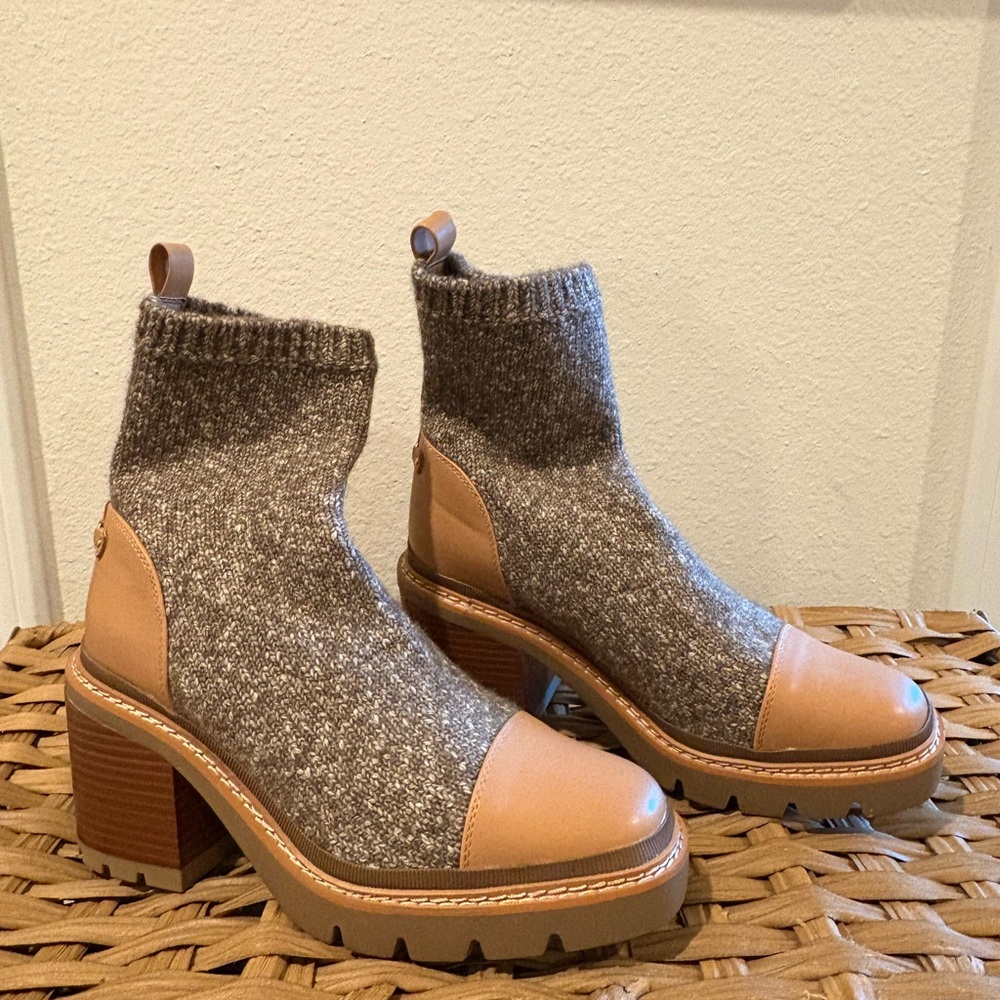 Sam Edelman Tan and Gray Heeled Boots with Knitted Upper - sock boots, fall boot
